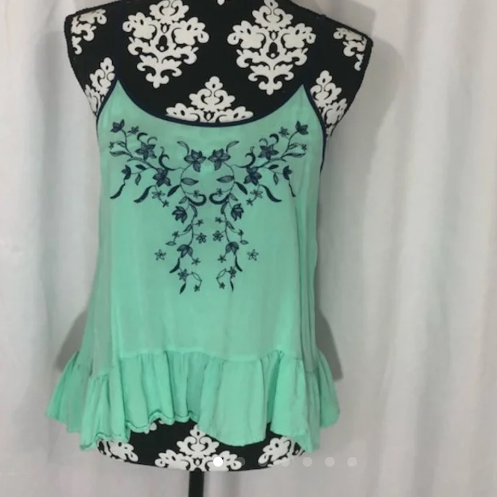 Teal and navy embroidered tank